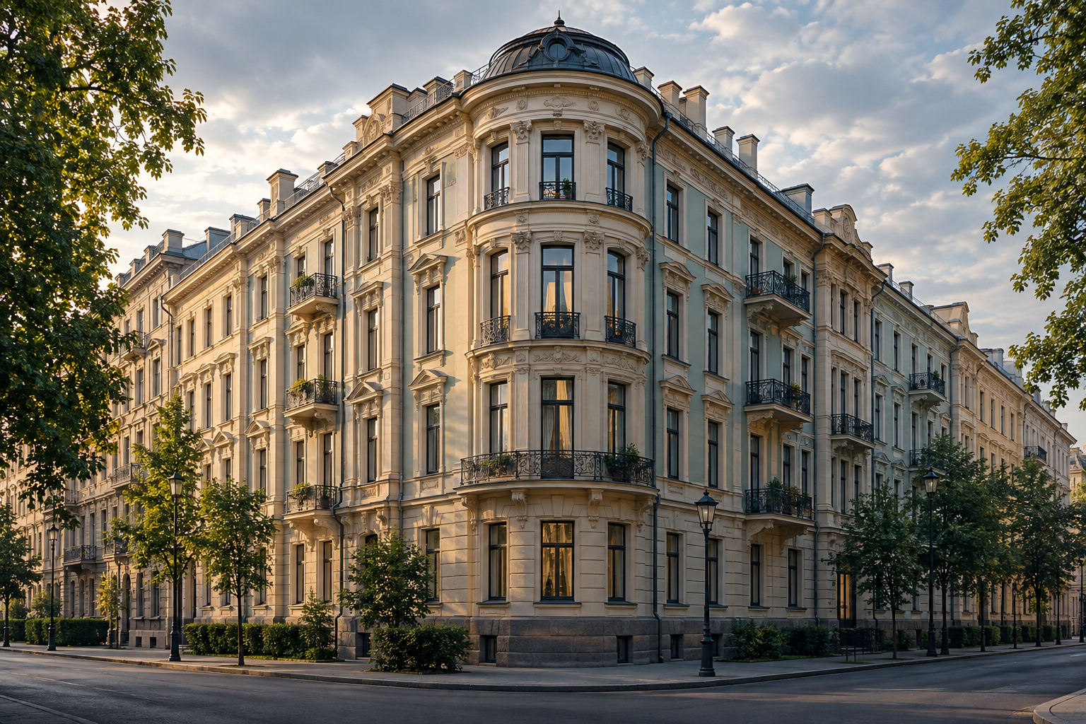 Жилые дома у тихого петербургского канала в утреннем свете